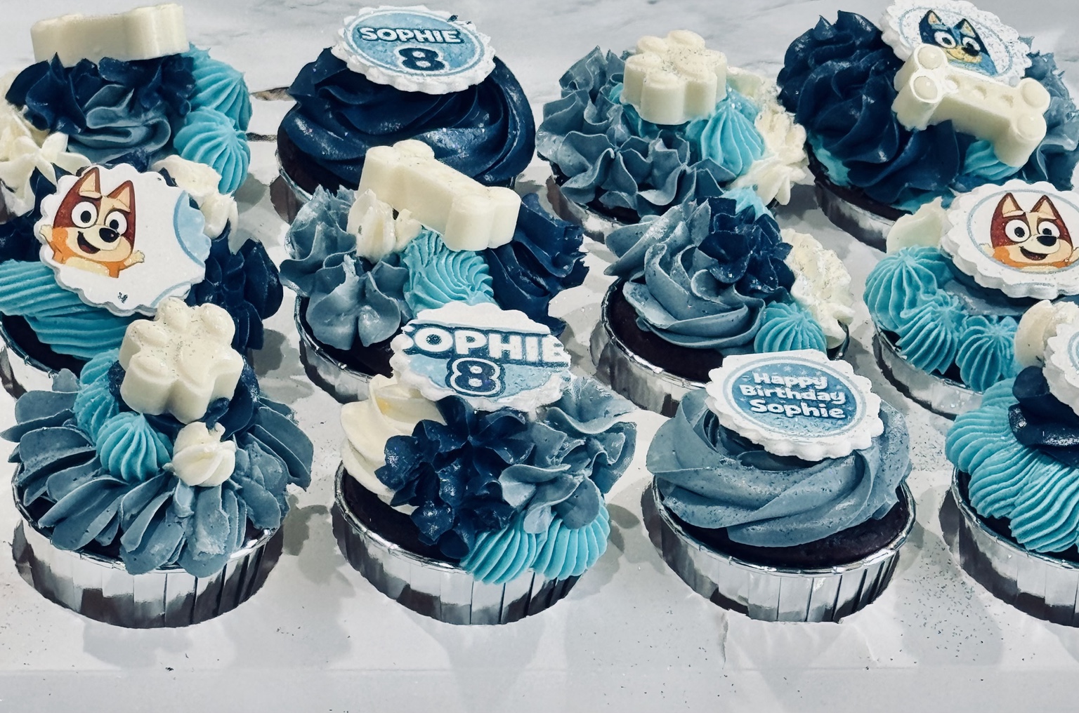 Bluey themed custom cupcakes by Jazzy Sweets and Treats
