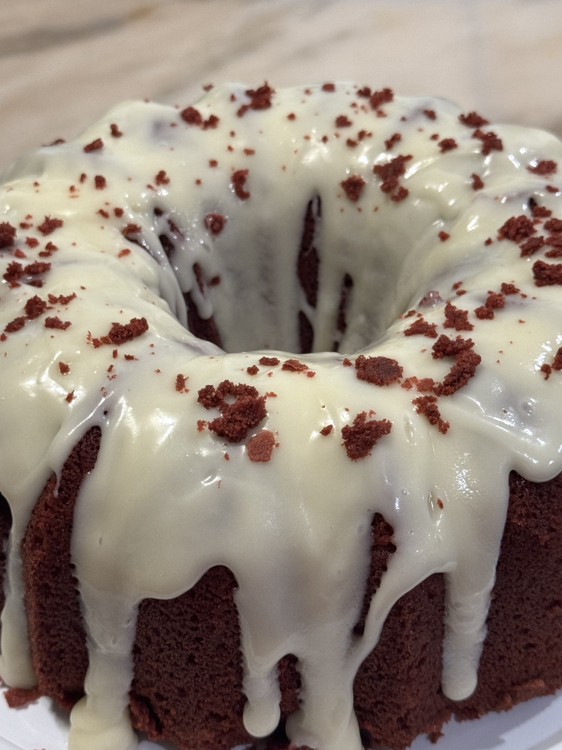 Red velvet pound cake with cream cheese glaze